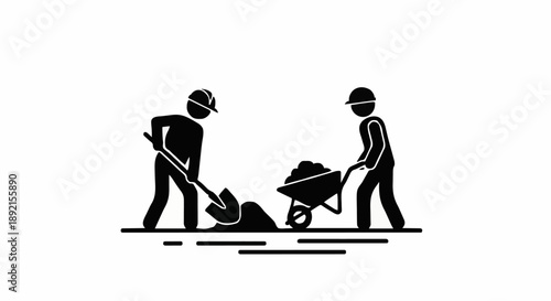 Construction workers digging and moving dirt with shovel and wheelbarrow.