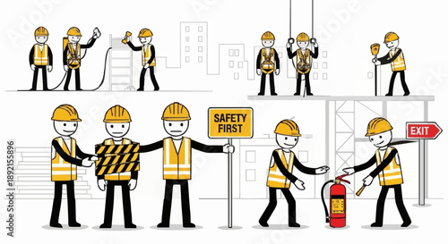 Construction workers demonstrating safety procedures and equipment on a building site.