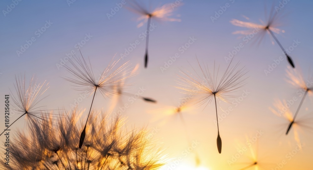 Obraz premium Dandelion seeds flying at sunset