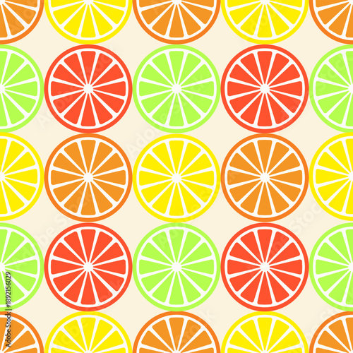 Bright seamless pattern with lemon, lime, orange and grapefruit slices in a playful, fresh summer style