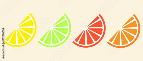 Simple flat illustration of lemon, lime, orange and grapefruit slices in bright colors on a clean background