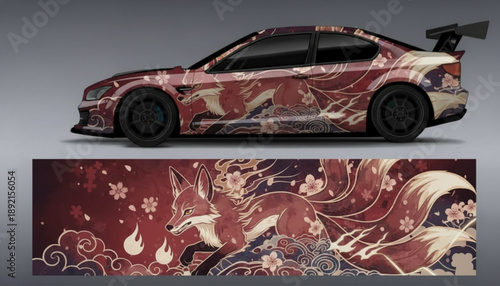 Custom car wrap featuring a stylized multi-tailed fox, cherry blossoms, and clouds in a Japanese art style on a sports coupe.