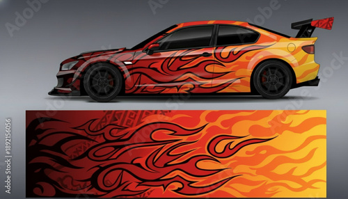 A sports car with a vibrant red and orange flame decal design, showcasing the full graphic pattern.