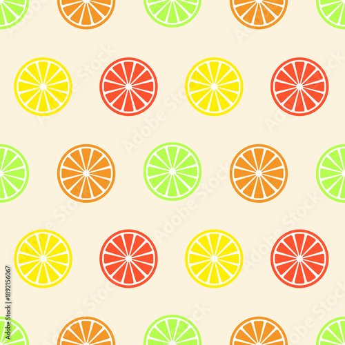 Clean seamless pattern with lemon, lime, orange and grapefruit slices in bright colors on a soft background