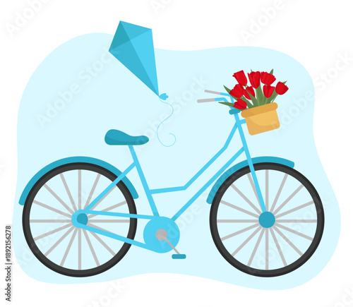 Cute blue spring bike with a flowers basket red tulips vibrant kite flat seasonal design