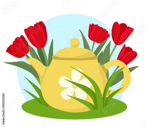 Cute spring kettle with red tulips flowers and green grass spring scene flat illustration