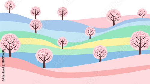 Colorful Japanese Hills Landscape with Sakura Trees in Spring, Flat Vector Illustration of Layered Nature Scenery Inspired by Traditional Japan