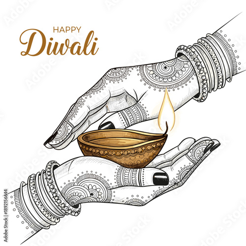 Happy Diwali Oil Lamp Illustration – Indian Festival Light Celebration Greeting Art