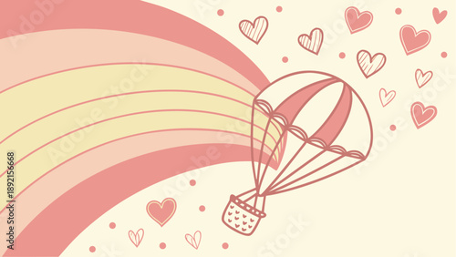 Romantic hot air balloon with hearts and rainbow