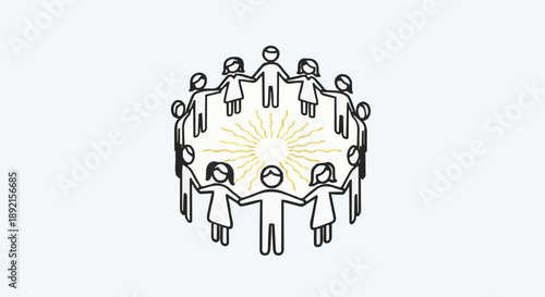 Diverse group of people holding hands in a circle around a bright sun.