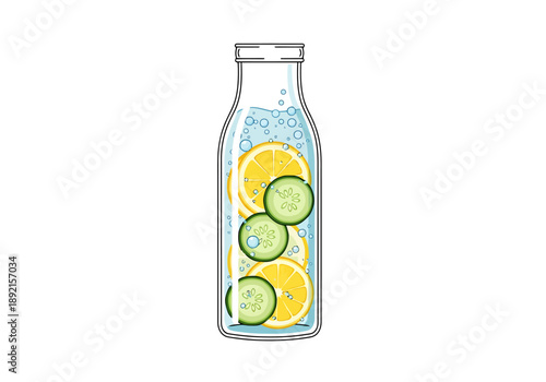 Clear Glass Bottle Filled with Refreshing Water Infused with Sliced Citrus and Cucumber For Healthy Hydration