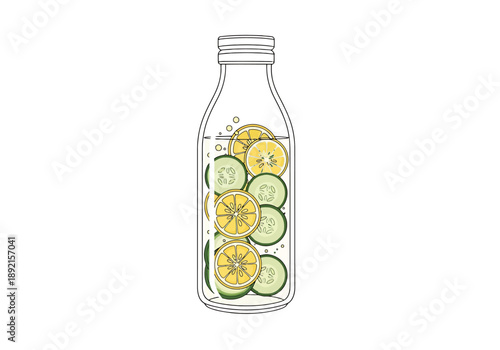 Clear Glass Bottle Filled With Refreshing Water Containing Slices Of Citrus Fruit And Cucumber For A Healthy Beverage