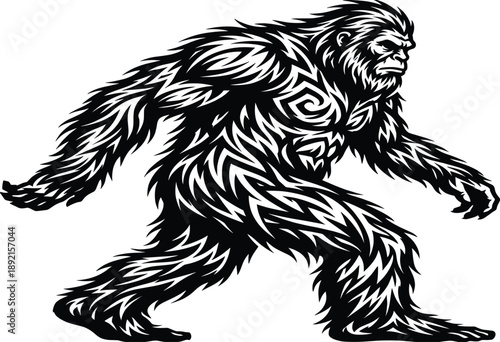 Aggressive Bigfoot illustration in tribal engraving style, powerful sasquatch monster artwork, black and white cryptid mascot design, wilderness folklore vector graphic