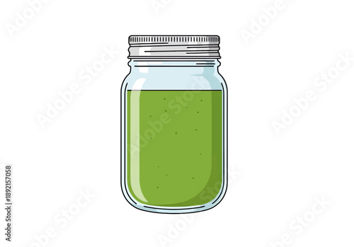 Glass Jar With Green Liquid And Metal Lid Isolated On White Background For Storage Or Preservation Needs Detailed Clean Artwork