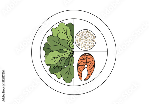 Healthy balanced meal showing sectioned plate with fresh leaves rice and fish portion for balanced nutrition and diet planning on a clean background