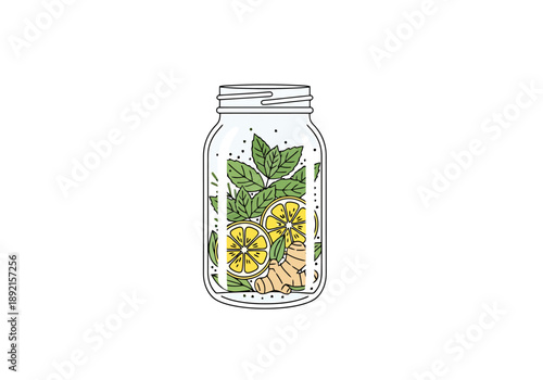 Refreshing Summer Drink Infused With Fresh Lemon Slices Mint Leaves and Ginger Root in Glass Jar on White Background