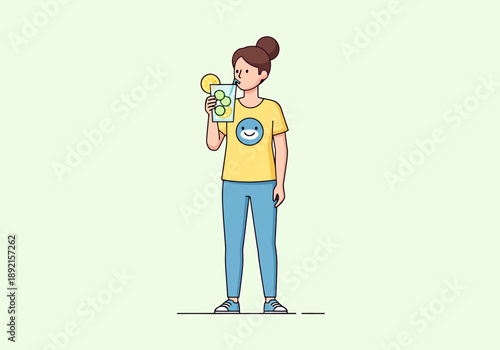 Young Woman Enjoying Refreshing Beverage with Fruit Slices and Ice Cubes on a Warm Sunny Day