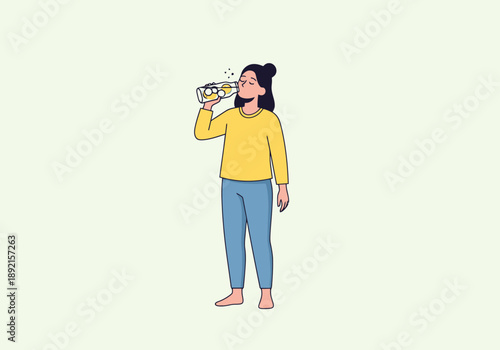 Young Woman Drinks Refreshing Lemonade From Glass Bottle Enjoying Summer Beverage Healthy Lifestyle Refreshment Outdoors On Sunny Day