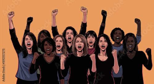 Diverse group of women raising fists in protest.