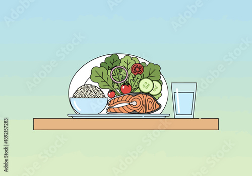 Healthy meal features grilled salmon fillet with rice and fresh garden salad served with a glass of water on a wooden shelf