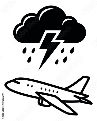 Line art illustration of an airplane and storm cloud depicting bad weather for aviation risks