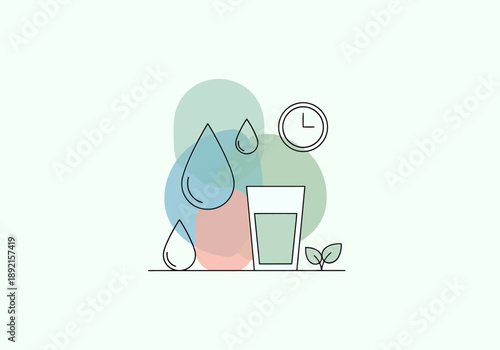 Simple Flat Icons Representing Hydration Fluids Drops Beverage Time Clock Green Sprouts Organic Plant Elements for Health and Wellness Concepts