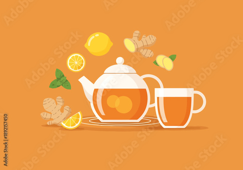 Warm Herbal Tea Preparation With Fresh Lemon Ginger And Mint Leaves For Healthy Beverage