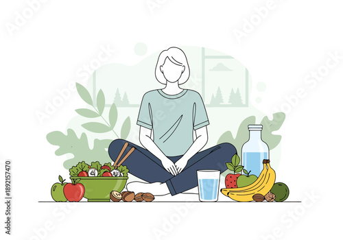 Personmeditating surrounded by healthy food and drinks promoting wellness and wellbeing lifestyle choices