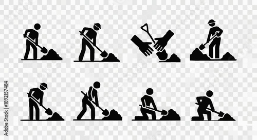 Digging Shovel Icon Set Construction Worker Silhouette.