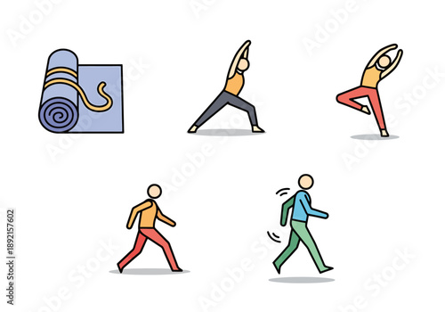 Healthy Lifestyle Set Showing Yoga Poses And Walking People With Rolled Exercise Mat Simple Flat Design Icons