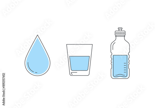 Collection of refreshing clear liquid icons representing hydration and healthy refreshment choices isolated on white backgrounds offering pure