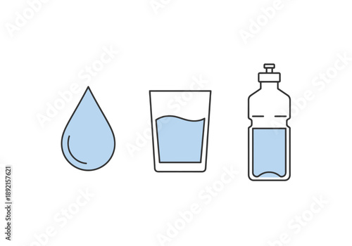 Collection of water essentials conceptual icons including a droplet a drinking glass and a refillable container representing hydration and liquid
