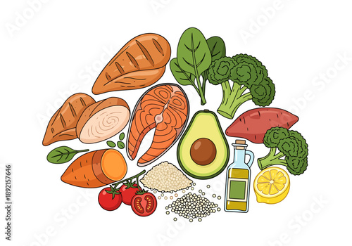 Healthy Foods Assortment Offering Protein Vegetables Healthy Fats Carbohydrates and Fresh Produce For Balanced Nutrition Concept