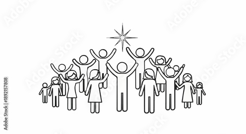 Diverse group of people celebrating success with raised arms.