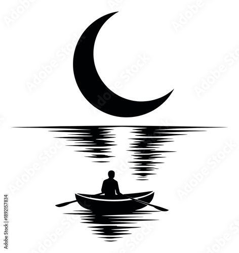Stylized illustration of a person in a boat with a crescent moon depicting a peaceful night scene for themes of solitude and meditation
