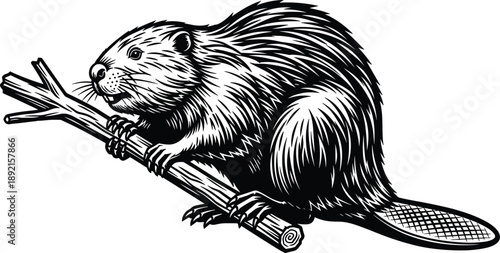 Beaver illustration holding wooden branch, detailed black and white wildlife line art, industrious forest rodent animal, nature engraving style design