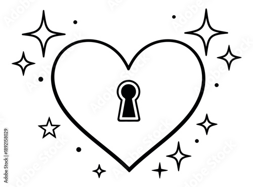 Line art illustration of a sparkling heart with a keyhole depicting love and secrets for romantic concepts