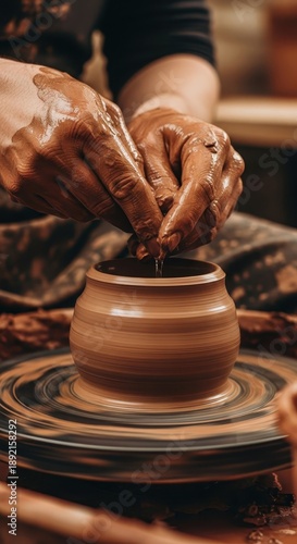 Artisan shapes wet clay vessel on rapidly spinning pottery wheel © Ariestia