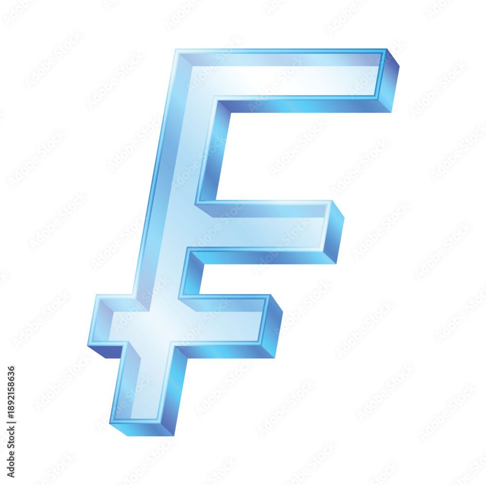 Fototapeta premium Transparent glass franc 3D icon sign. Glossy blue franc currency symbol. Representing money, finance, payment, banking, and economic concepts in digital design. EPS file.