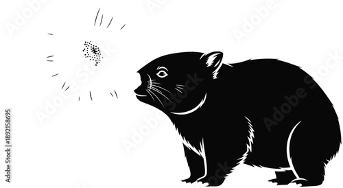 Black bear cub illustration sniffing insect, minimalist black and white wildlife silhouette, cute forest animal artwork, modern vector style design