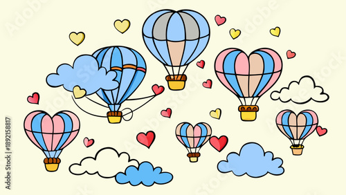 Whimsical hot air balloons with hearts and clouds