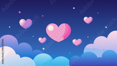 Whimsical night sky with floating hearts