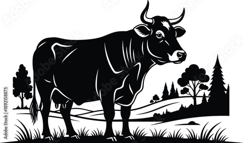 Black bull silhouette illustration, strong farm animal standing in rural landscape, vintage livestock artwork, cattle logo design, countryside nature background