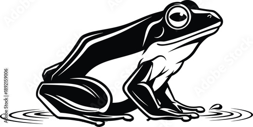 Black frog silhouette illustration sitting on water ripples, minimalist amphibian wildlife design, bold vector style for logo, tattoo, and nature themed graphics