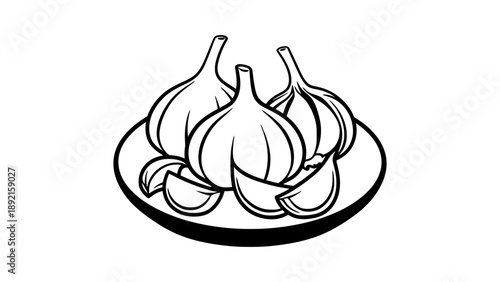A black and white illustration of garlic bulbs on a plate