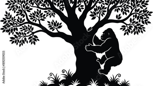 Black gorilla silhouette climbing tree, jungle wildlife illustration, minimalist nature vector art for logo, tattoo, poster, branding, and creative design use