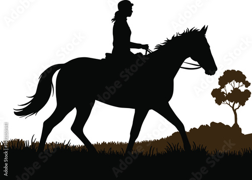 Silhouette of a woman riding a horse at a trot through a grassy field with a lone tree in the background