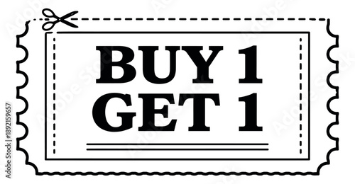 Clean line art illustration of a coupon depicting a buy 1 get 1 promotion for marketing and sales campaigns