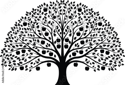 Decorative apple tree illustration with fruits and leaves, black and white botanical artwork, symbolic life tree design, minimalist nature logo, elegant vector graphic