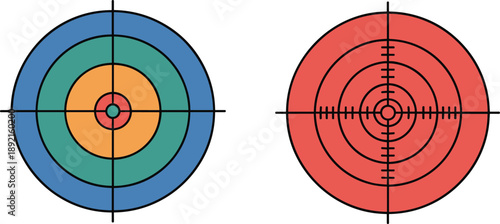 Two distinct targets are depicted, one with concentric rings of blue green and orange and a central red dot, the other a red target with a precise crosshair reticle